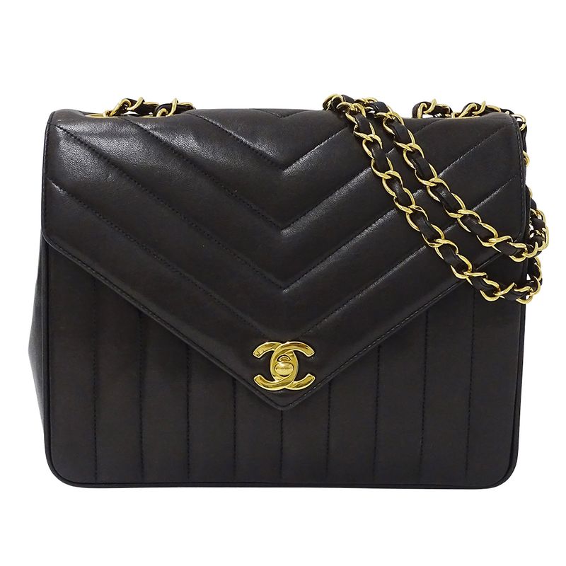 Chanel Bag Women's Brand Shoulder Bag V Stitch Lambskin Black Gold Hardware