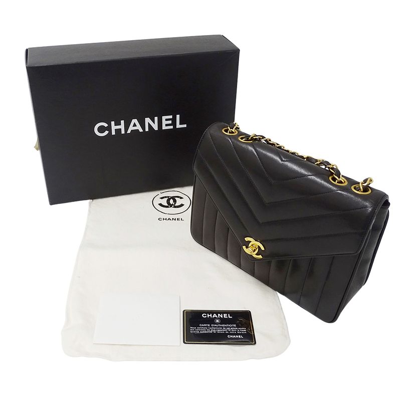 Chanel Bag Women's Brand Shoulder Bag V Stitch Lambskin Black Gold Hardware
