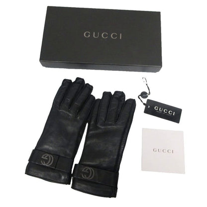 Gucci Leather Gloves Cashmere Lined Gghardware Genuine Leather 7 Black Ibo86