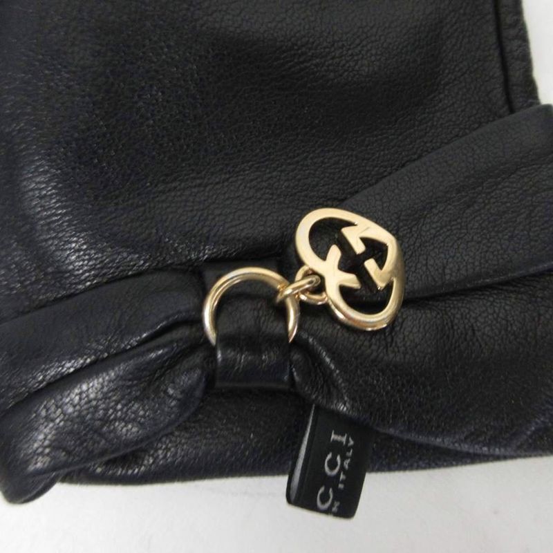 Gucci Cow Leather Gloves Heart Charm Ribbon GG Cowhide Silk Lined Gold Hardware