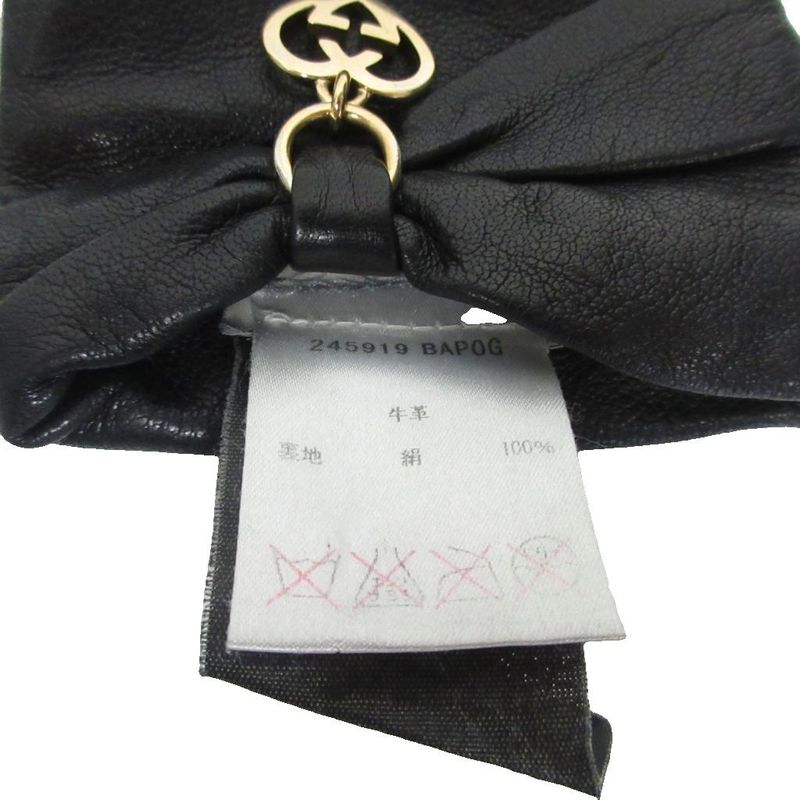 Gucci Cow Leather Gloves Heart Charm Ribbon GG Cowhide Silk Lined Gold Hardware