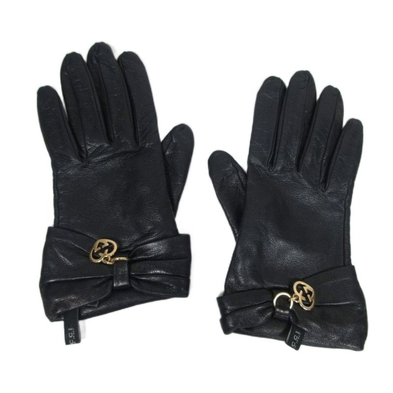 Gucci Cow Leather Gloves Heart Charm Ribbon GG Cowhide Silk Lined Gold Hardware