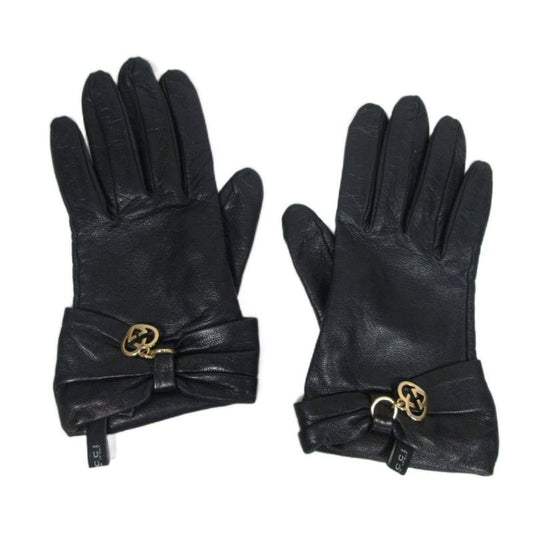Gucci Cow Leather Gloves Heart Charm Ribbon GG Cowhide Silk Lined Gold Hardware