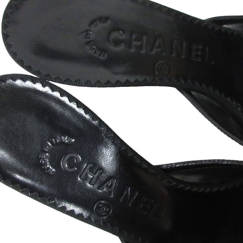 Chanel Camellia Sandals Mules Lambskin Coco Mark Leather X Mesh 35.5c Black -
