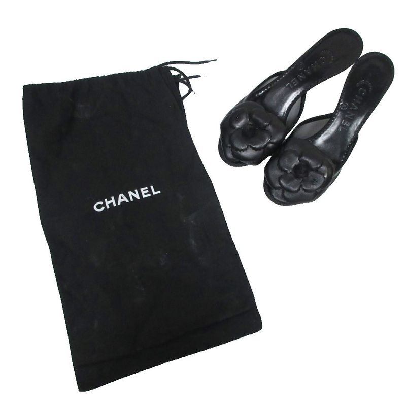 Chanel Camellia Sandals Mules Lambskin Coco Mark Leather X Mesh 35.5c Black -