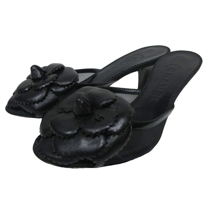 Chanel Camellia Sandals Mules Lambskin Coco Mark Leather X Mesh 35.5c Black -