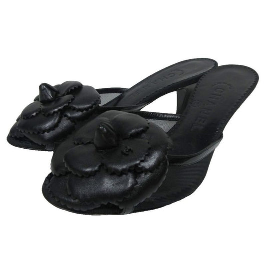 Chanel Camellia Sandals Mules Lambskin Coco Mark Leather X Mesh 35.5c Black -