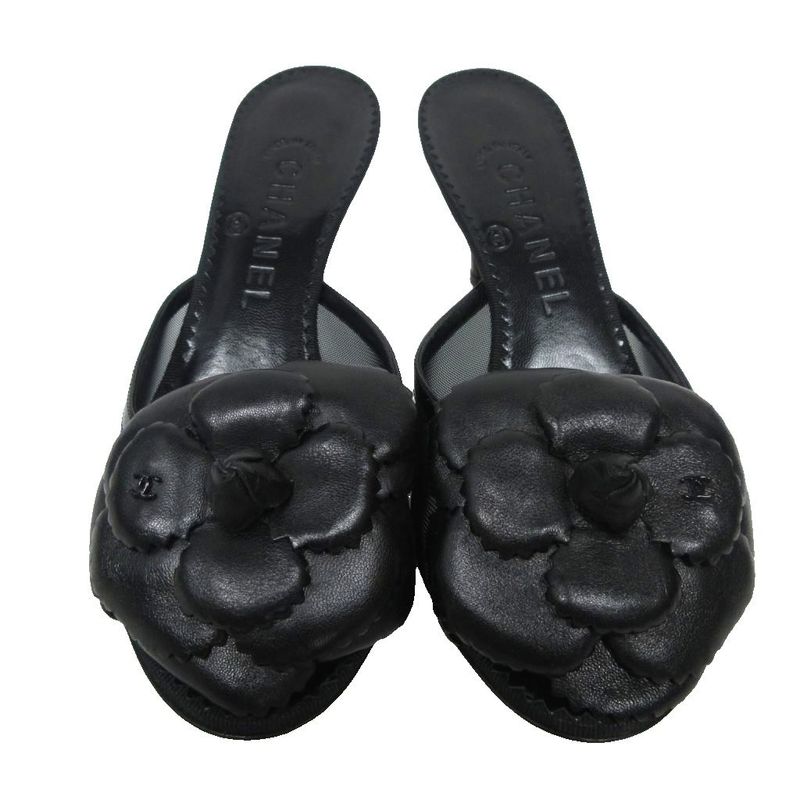 Chanel Camellia Sandals Mules Lambskin Coco Mark Leather X Mesh 35.5c Black -