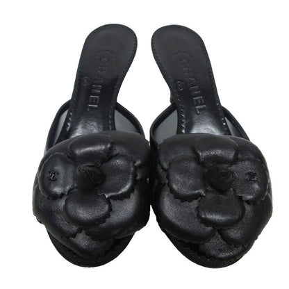 Chanel Camellia Sandals Mules Lambskin Coco Mark Leather X Mesh 35.5c Black -