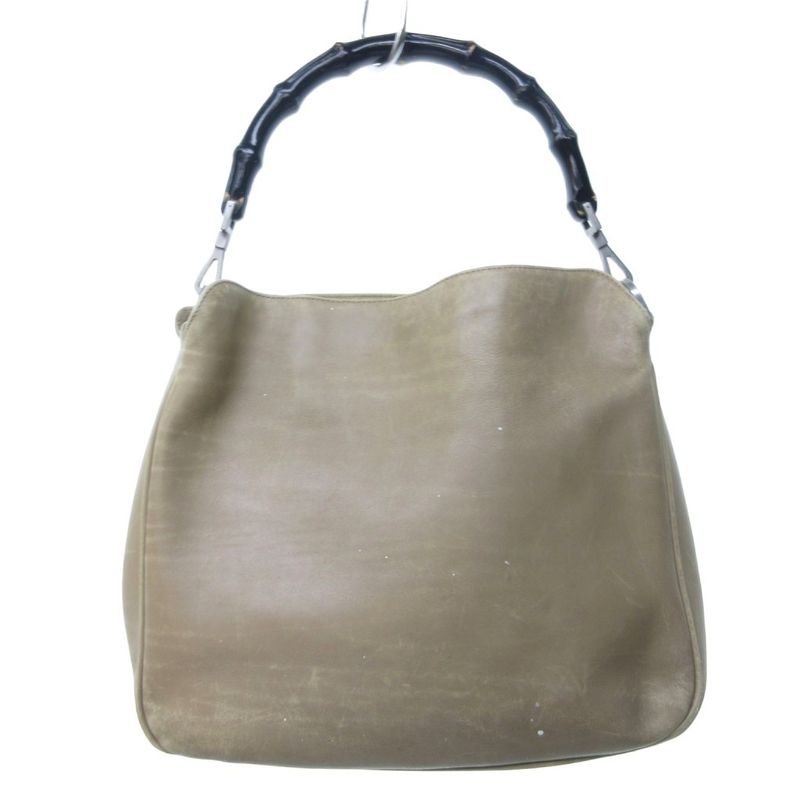 Gucci Bamboo Handbag Tote Leather Silver Hardware Beige 1122