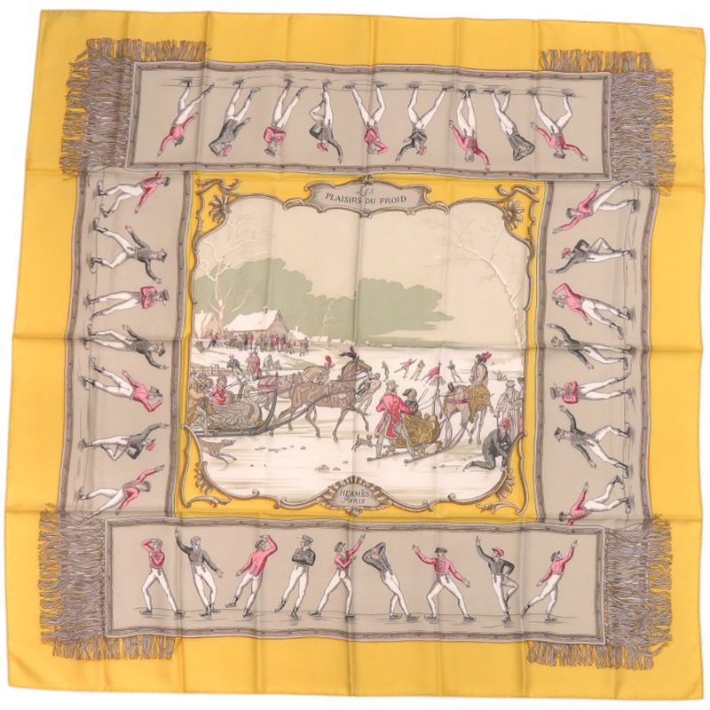 Hermes Carré 90 Les Plaisirs du Froid Joy on Ice Silk Yellow Scarf 0112 Hermes
