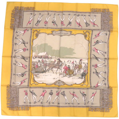 Hermes Carré 90 Les Plaisirs du Froid Joy on Ice Silk Yellow Scarf 0112 Hermes
