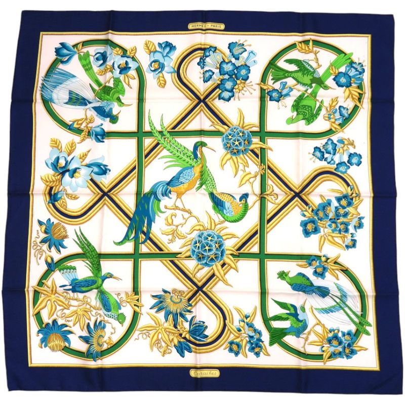 Hermes Carre 90 Caraibes Caribbean Bird Scarf Silk Blue 0113 Hermes