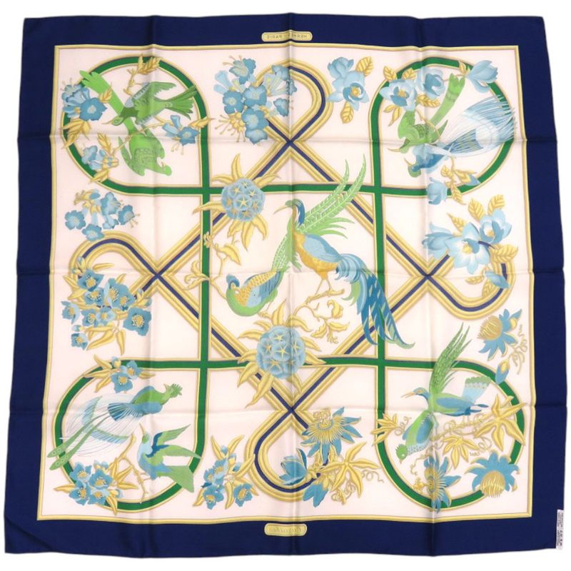 Hermes Carre 90 Caraibes Caribbean Bird Scarf Silk Blue 0113 Hermes
