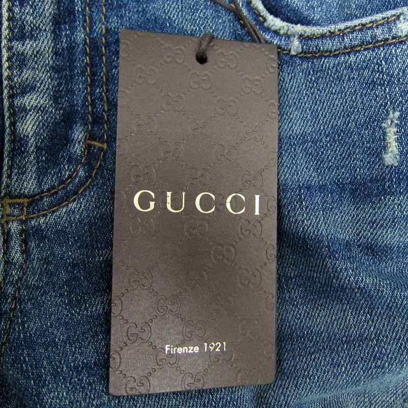 Gucci Tagged Denim Pants Jeans Skinny Pants Long Length GG Stitching Damaged 36