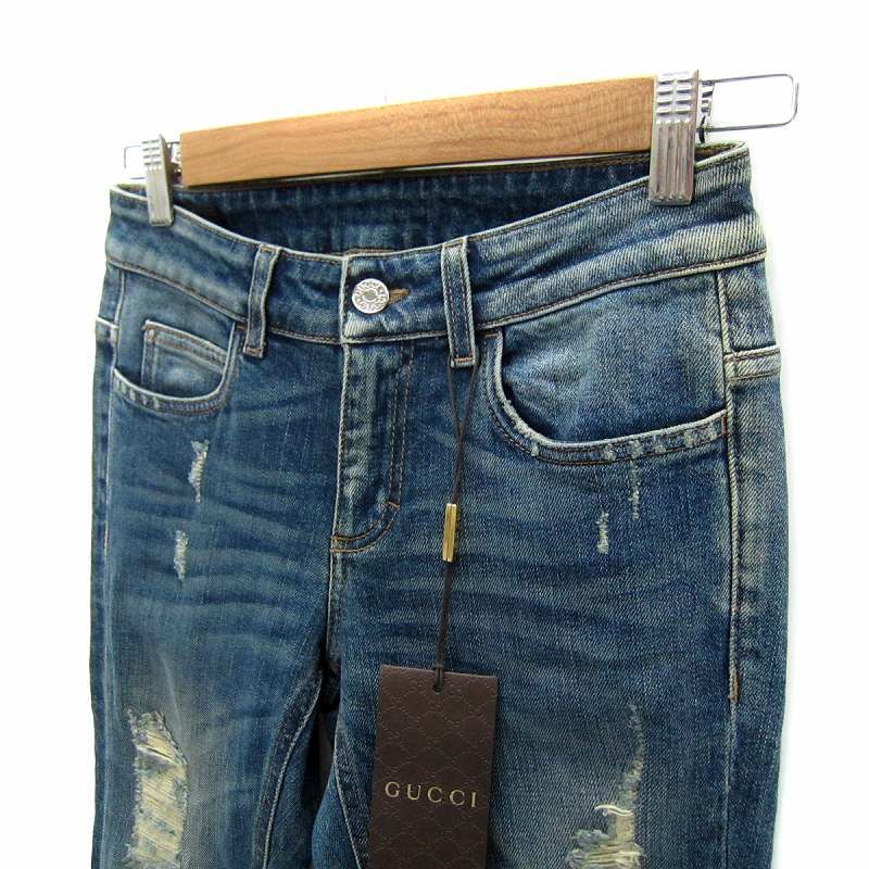 Gucci Tagged Denim Pants Jeans Skinny Pants Long Length GG Stitching Damaged 36
