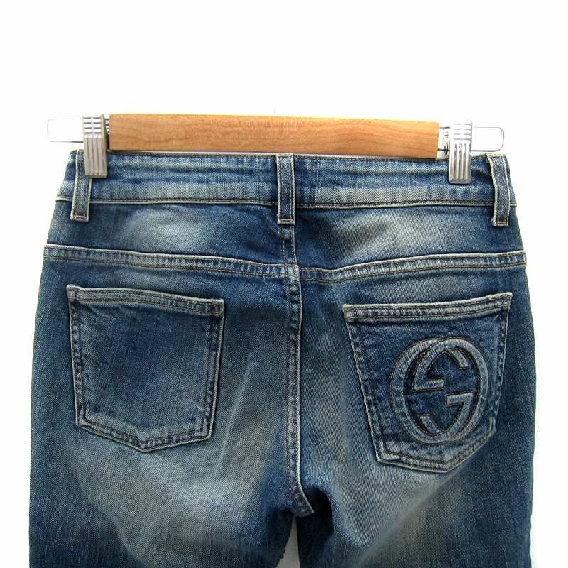 Gucci Tagged Denim Pants Jeans Skinny Pants Long Length GG Stitching Damaged 36