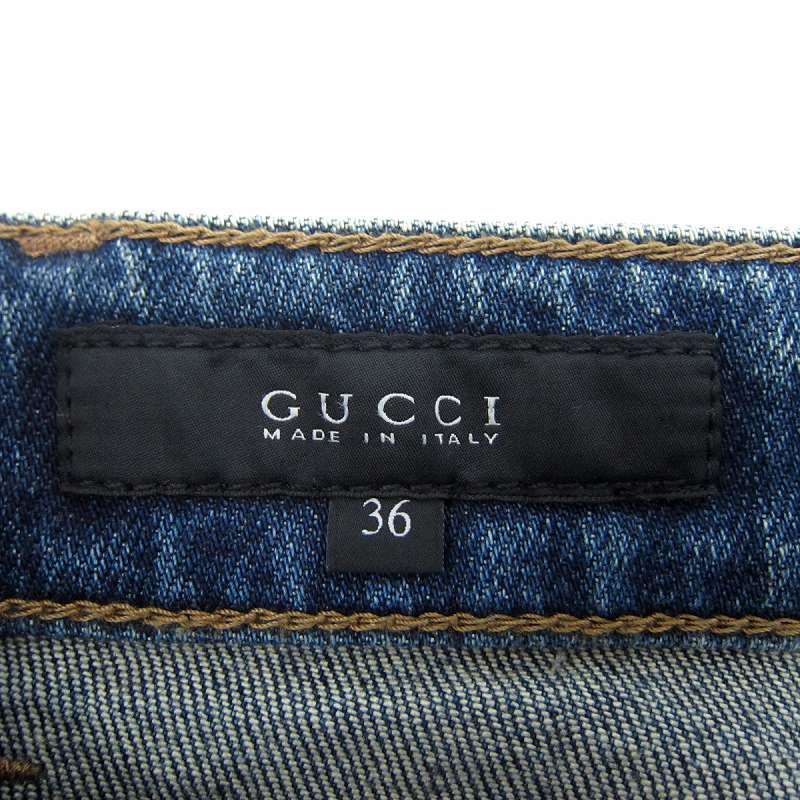 Gucci Tagged Denim Pants Jeans Skinny Pants Long Length GG Stitching Damaged 36