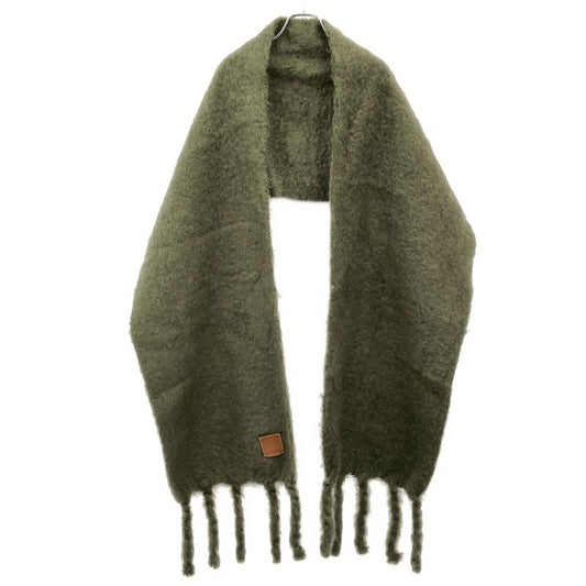 Loewe Anagram Leather Patch Long Fringe Scarf Khaki