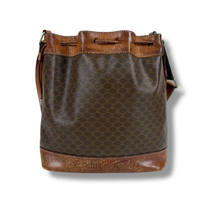 Celine Draw String Shape Shoulder Bag Macadam Pattern Brown Pvcleather Vintage