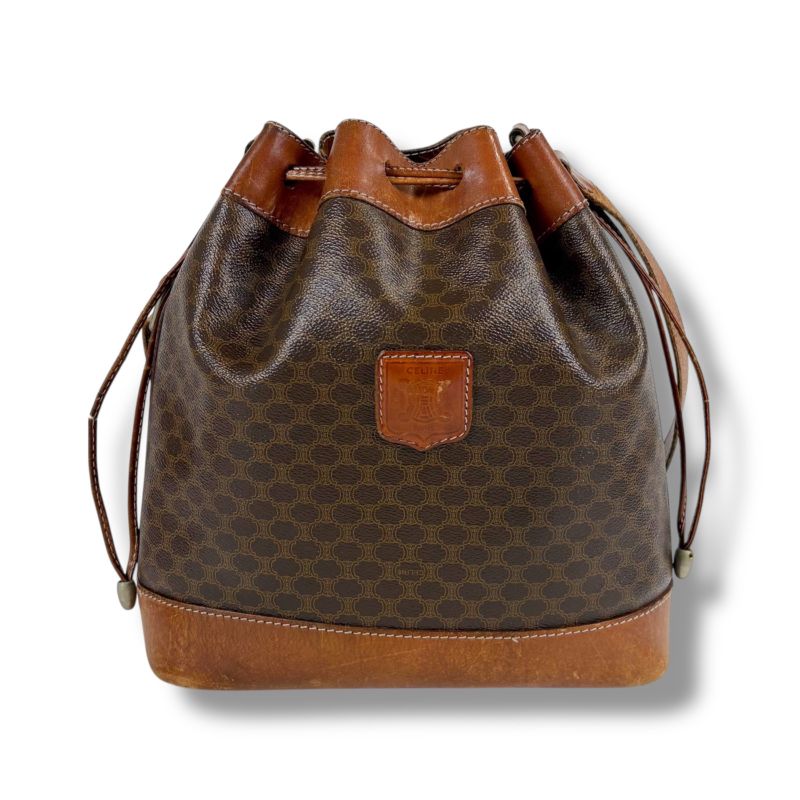 Celine Draw String Shape Shoulder Bag Macadam Pattern Brown Pvcleather Vintage