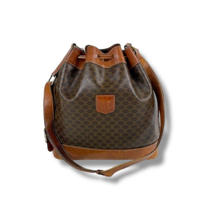 Celine Draw String Shape Shoulder Bag Macadam Pattern Brown Pvcleather Vintage