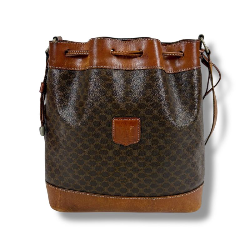 Celine Draw String Shape Shoulder Bag Macadam Pattern Brown Pvcleather Vintage