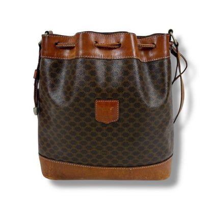 Celine Draw String Shape Shoulder Bag Macadam Pattern Brown Pvcleather Vintage