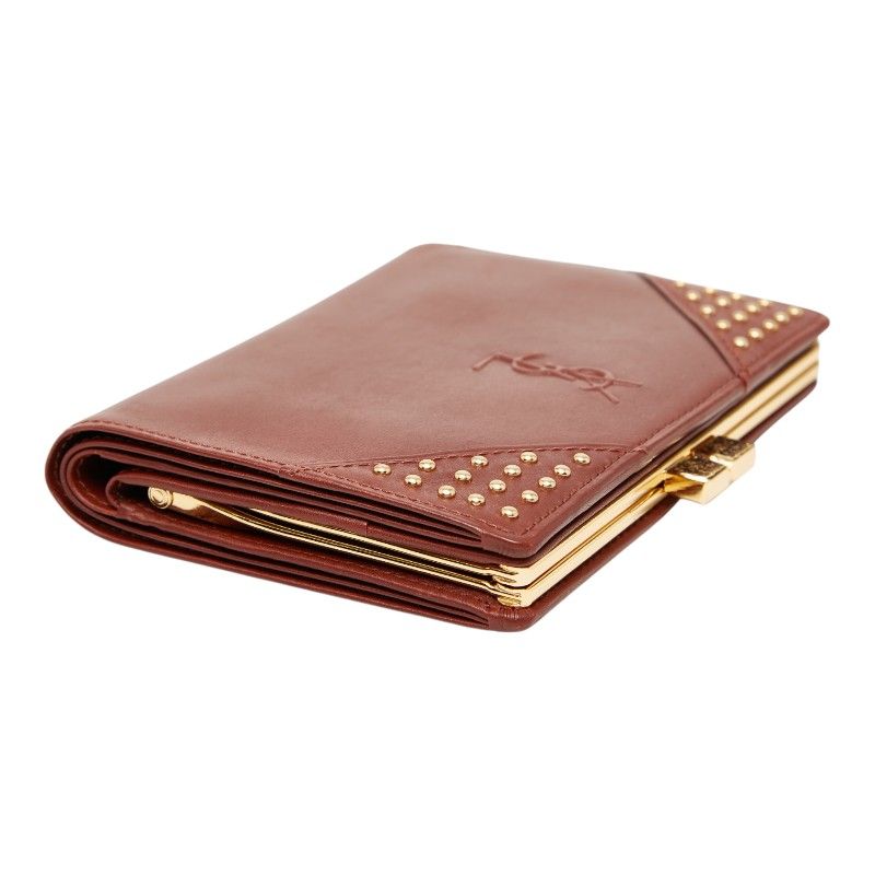 Saint Laurent YSL Logo Studded Brown Leather Women's Saint Laurent