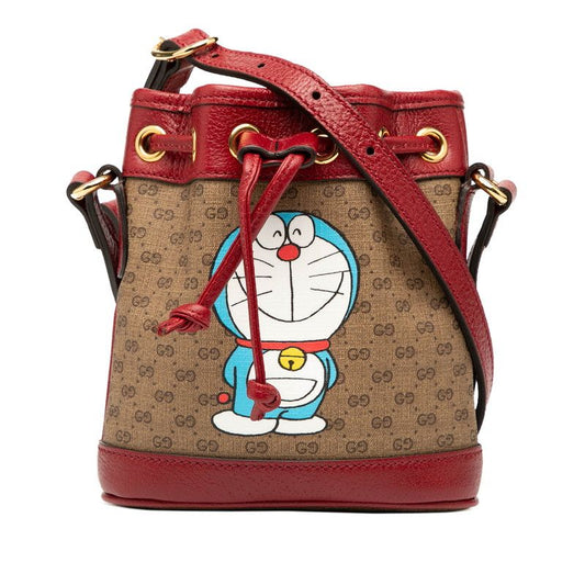 Gucci X Doraemon Micro GG Supreme Mini Bucket Bag Shoulder Bag 647801 Brown Red