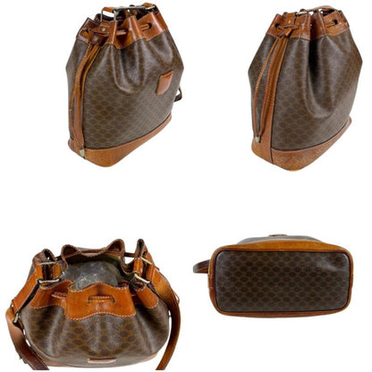 Celine Draw String Shape Shoulder Bag Macadam Pattern Brown Pvcleather Vintage