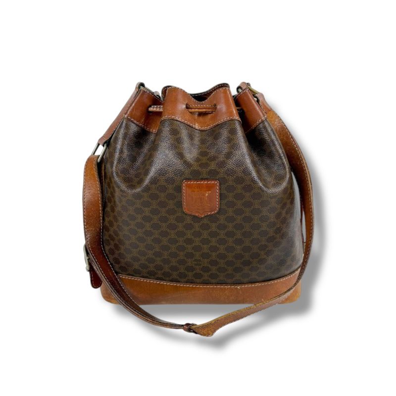 Celine Draw String Shape Shoulder Bag Macadam Pattern Brown Pvcleather Vintage
