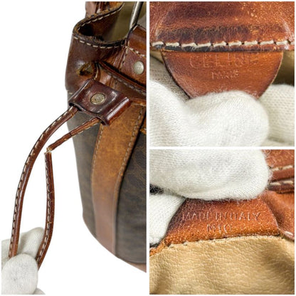 Celine Draw String Shape Shoulder Bag Macadam Pattern Brown Pvcleather Vintage