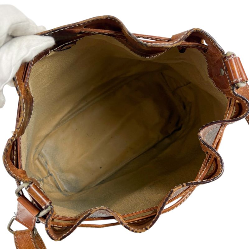 Celine Draw String Shape Shoulder Bag Macadam Pattern Brown Pvcleather Vintage