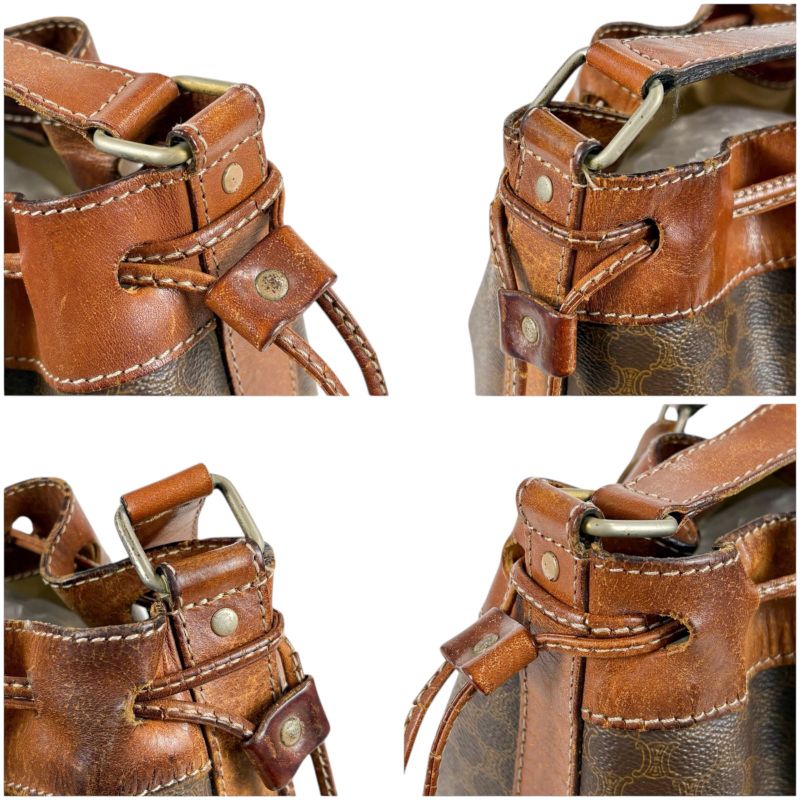 Celine Draw String Shape Shoulder Bag Macadam Pattern Brown Pvcleather Vintage