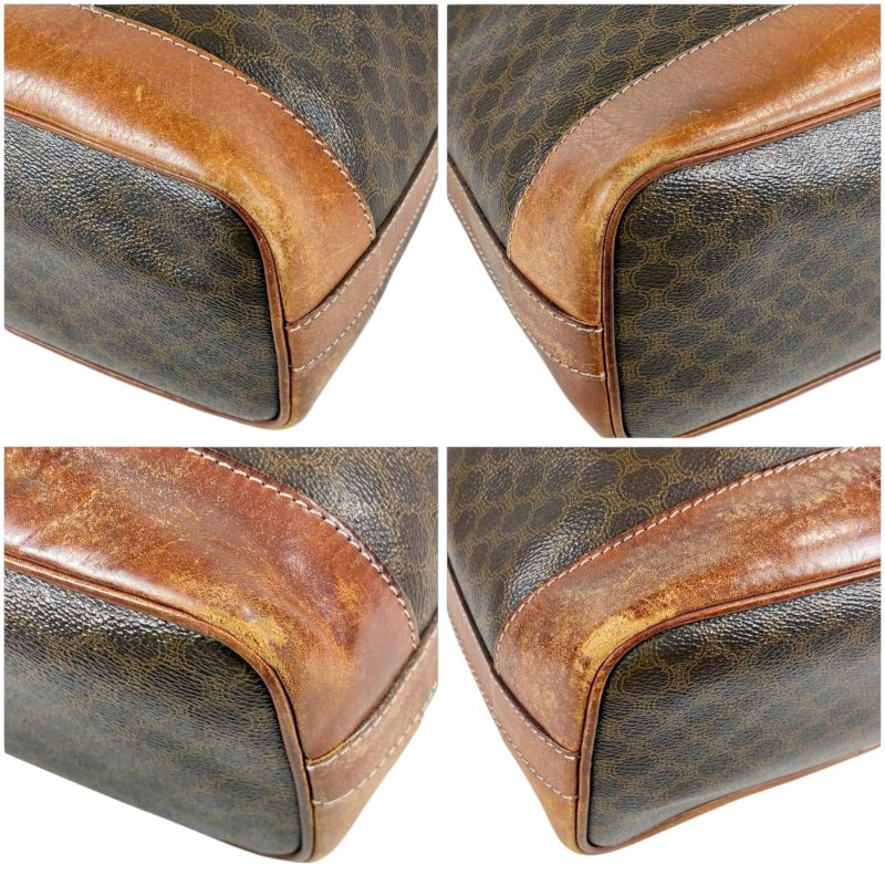 Celine Draw String Shape Shoulder Bag Macadam Pattern Brown Pvcleather Vintage