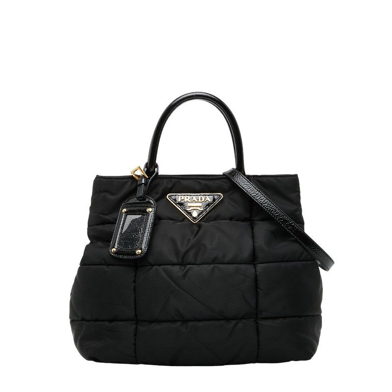 Prada Triangle Logo Plate Handbag Shoulder Bag 2WAY Bn1596 Black Nylon Enamel