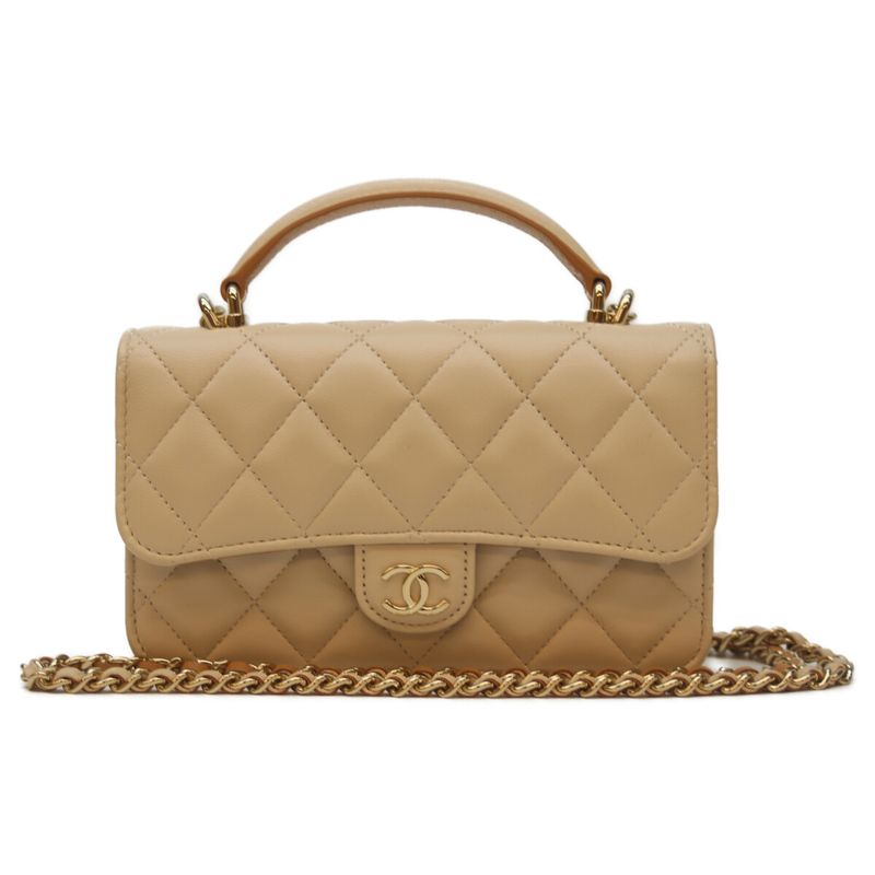 Chanel 22ss Ap3226 Bicolor Beige Lamb Ghardware Top Handle Chain Clutch Shoulder