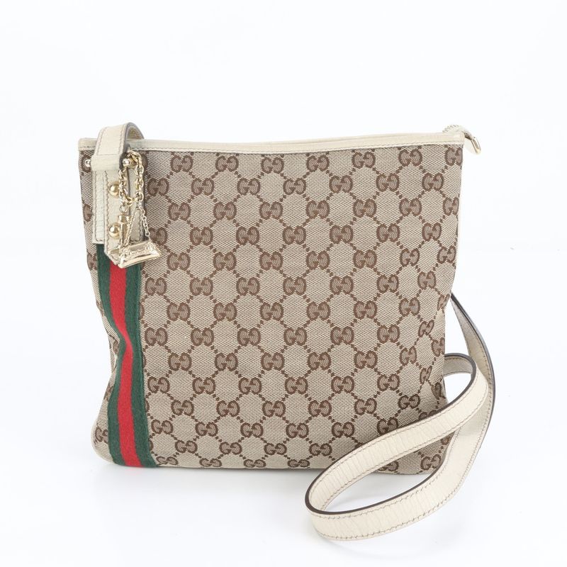 Gucci GG Canvas Charm Leather Shoulder Bag Crossbody 144388 Women ECE Db36-10