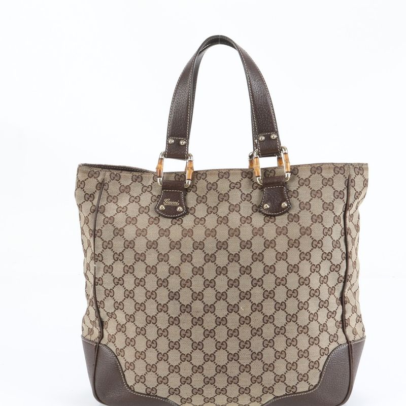 Gucci GG Canvas Bamboo Leather Tote Bag Shoulder Hand 154375 Brown A4 Ladies
