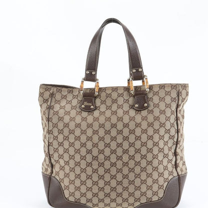 Gucci GG Canvas Bamboo Leather Tote Bag Shoulder Hand 154375 Brown A4 Ladies