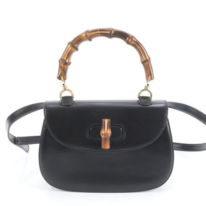 Gucci Bamboo Leather 2WAY Shoulder Bag Crossbody Black Hand Tote Women's EUE