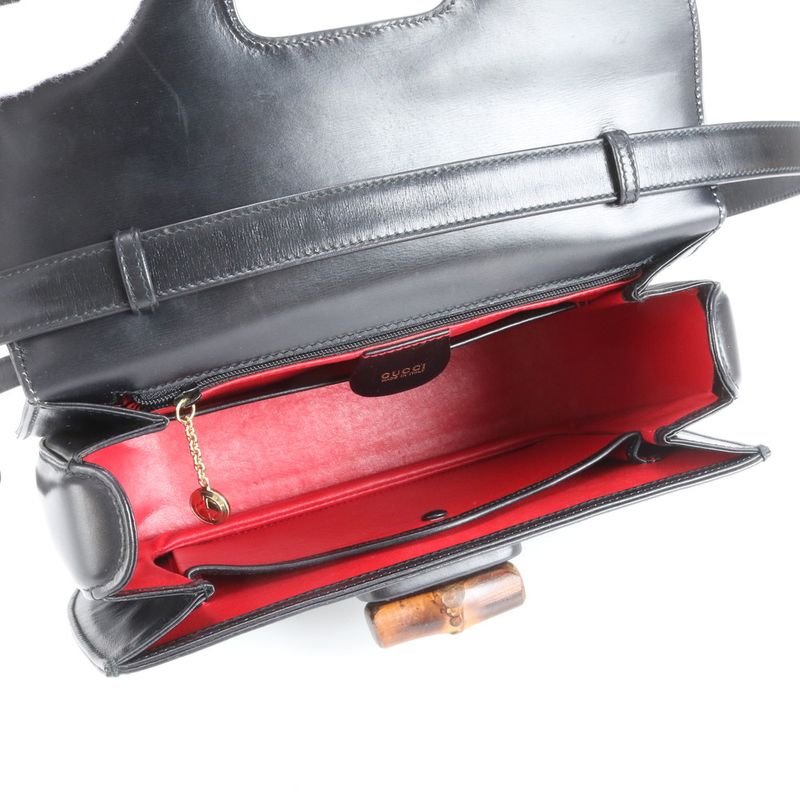 Gucci Bamboo Leather 2WAY Shoulder Bag Crossbody Black Hand Tote Women's EUE