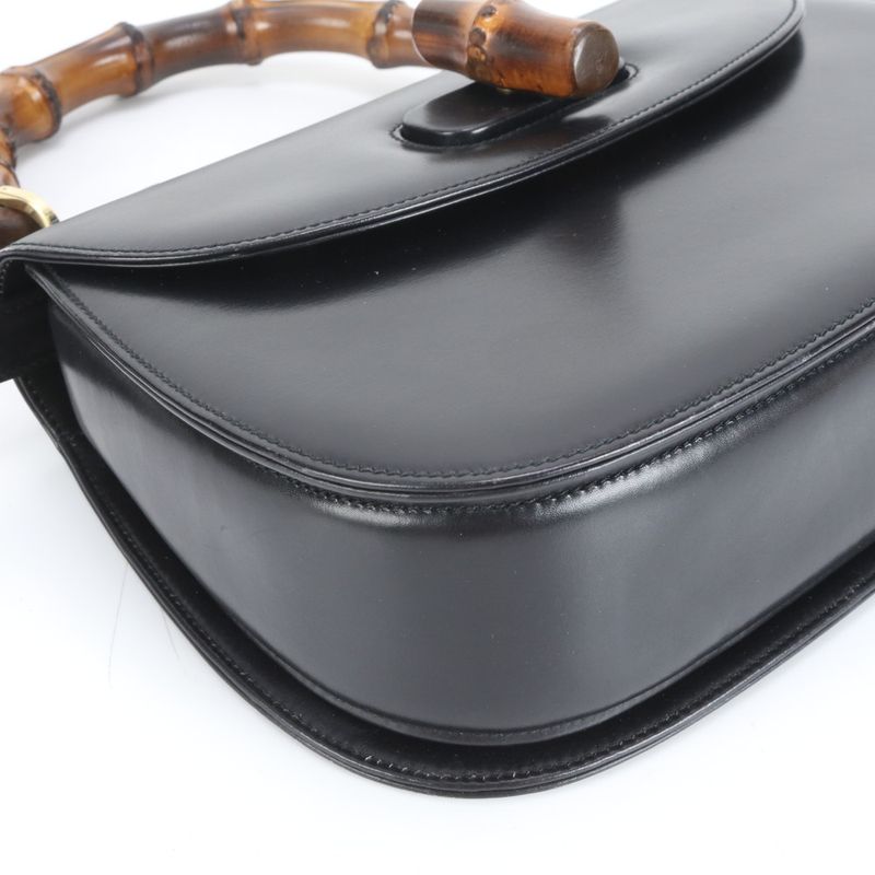 Gucci Bamboo Leather 2WAY Shoulder Bag Crossbody Black Hand Tote Women's EUE