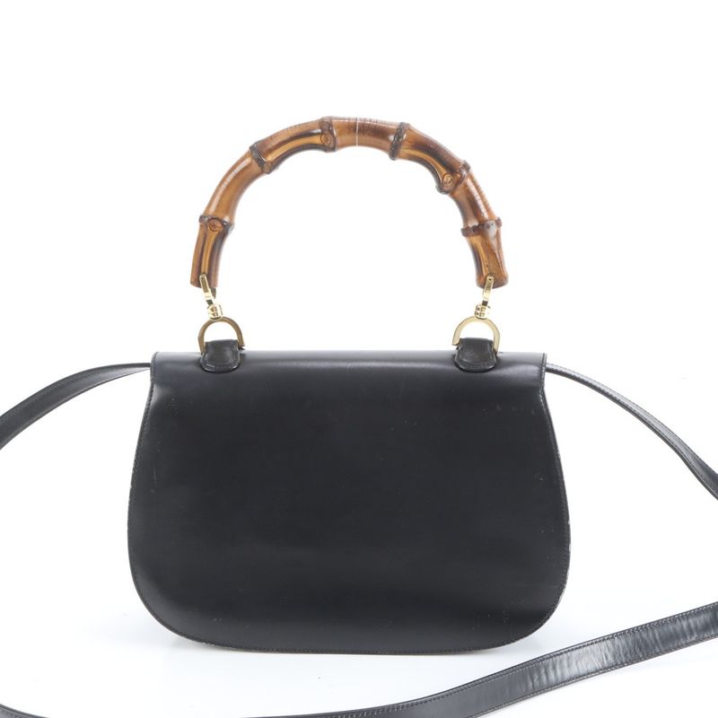 Gucci Bamboo Leather 2WAY Shoulder Bag Crossbody Black Hand Tote Women's EUE