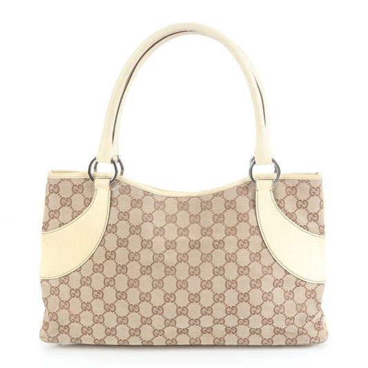 Gucci GG Canvas Leather Tote Bag Shoulder Hand 113015 Beige Silver Hardware