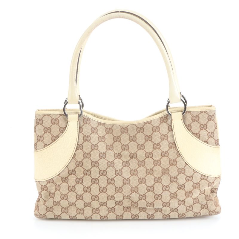 Gucci GG Canvas Leather Tote Bag Shoulder Hand 113015 Beige Silver Hardware