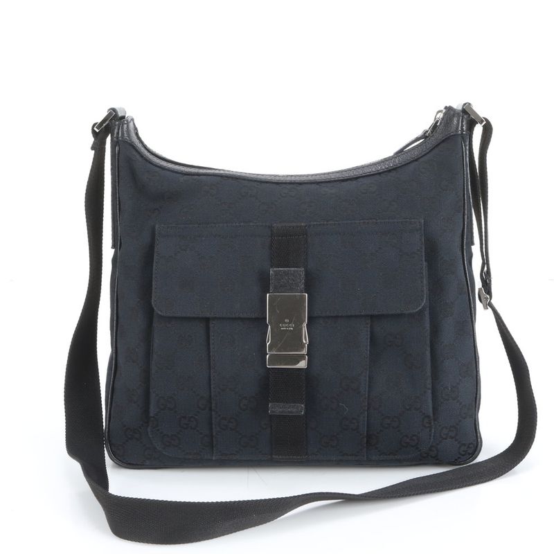 Gucci GG Canvas Leather Shoulder Bag Crossbody Messenger 131211 Black Silver