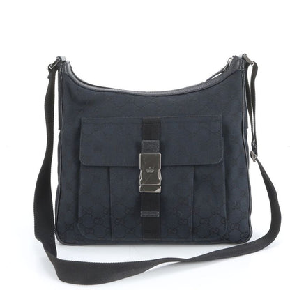 Gucci GG Canvas Leather Shoulder Bag Crossbody Messenger 131211 Black Silver