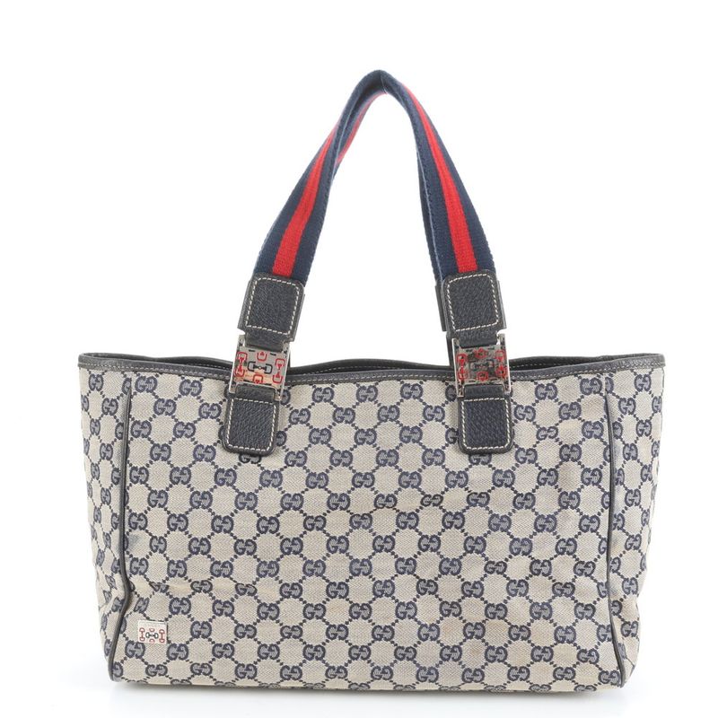 Gucci GG Canvas Horsebit Leather Tote Bag Shoulder 145758 Navy Blue Women's RCE
